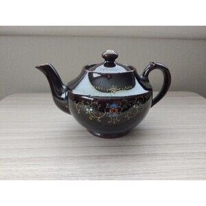 vintage tea pot brown redware Japanese hand painted hand painted Excellent Shape